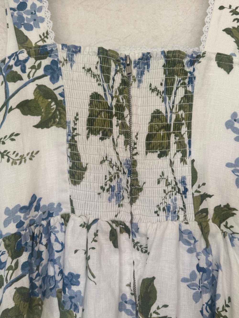 Reformation White Midi Dress with Blue Floral and Green Leaves - Picture 2 of 9